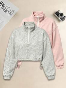 Women's Short Half-Zip Cinched Waist Adjustable Stand Collar Y2K Sporty Casual Top - Grey - View 5