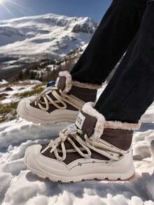 1 Pair Kids PU Upper Thermal Lined Warm Mid-Top Lace-Up Outdoor Snow Boots For Winter, Christmas, Halloween - Khaki - View 2