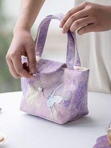 復古紋理高級新中式時尚優雅刺繡蝴蝶精緻小眾設計手提便攜緞面帆布托特包女款休閒百搭通勤出遊日常購物手提包 - 紫色 - 查看 3