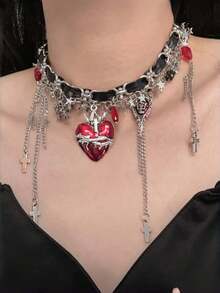 1pc Gothic Victorian Vintage Dark Heart Cross Choker Necklace Women's Holiday Party Jewelry - Multicolor - View 1