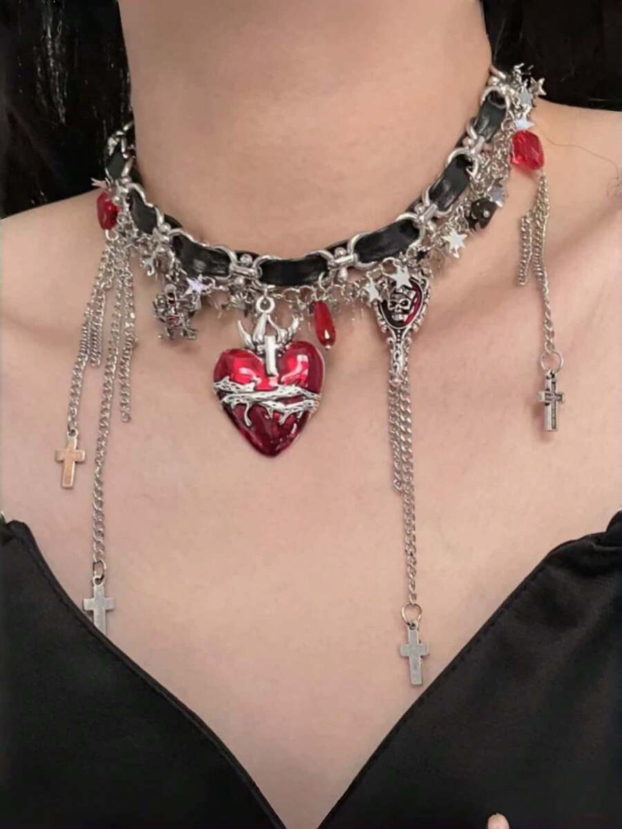 1pc Gothic Victorian Vintage Dark Heart Cross Choker Necklace Women's Holiday Party Jewelry - Multicolor - View 1