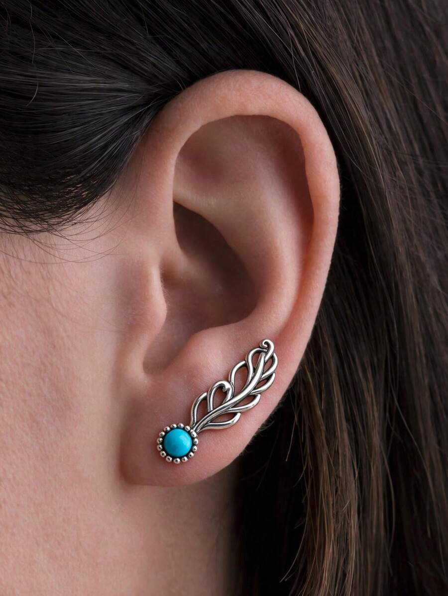 1 Pair Silver Hollow Feather/Leaf Ear Crawlers, Vintage Artificial Turquoise Stud Earrings, Bohemian Style For Women's Daily, Party And Vacation Wear - Silver - View 1