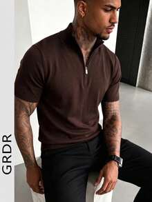 Men's Summer Half-Zip Solid Color Knit Polo Shirt, Suitable For Summer Outings, Essential For Fashionable Styling - Brown - View 12