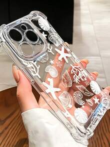 1pc ClearFour Corners Air Cushion Shockproof Phone Case, White Line Pattern, Seashell, Starfish, Coral, Ocean Design, Transparent Material, Anti-Drop Design, TPU Protective Shell - Clear - View 2