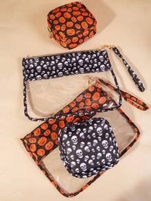 2pcs Halloween Skull & Pumpkin Face Adult Minimalist Envelope Style Translucent PU Makeup Bag, Toiletry Bag, Storage Bag, Gift Packaging (Inner Products Not Included), Suitable For Daily Use, Holidays, Vacations, Business Trips, Party Gifts - Multicolor - View 4