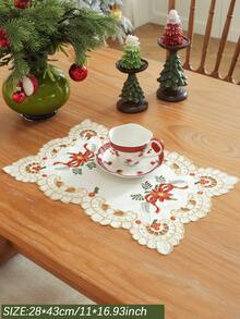 1pc Christmas Candle And Poinsettia Embroidered Table Runner, Hollow Carved Design, Vintage Christmas Table Decor, Suitable For Dinner Party, Family Gathering, Home Holiday Decoration - Multicolor - View 10
