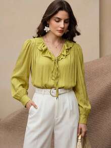 Women's V-Neck Ruffle Green Blouse, Fashion Long Lantern Sleeve Top, Suitable For Various Street And Home Occasions - Lime Green - View 2