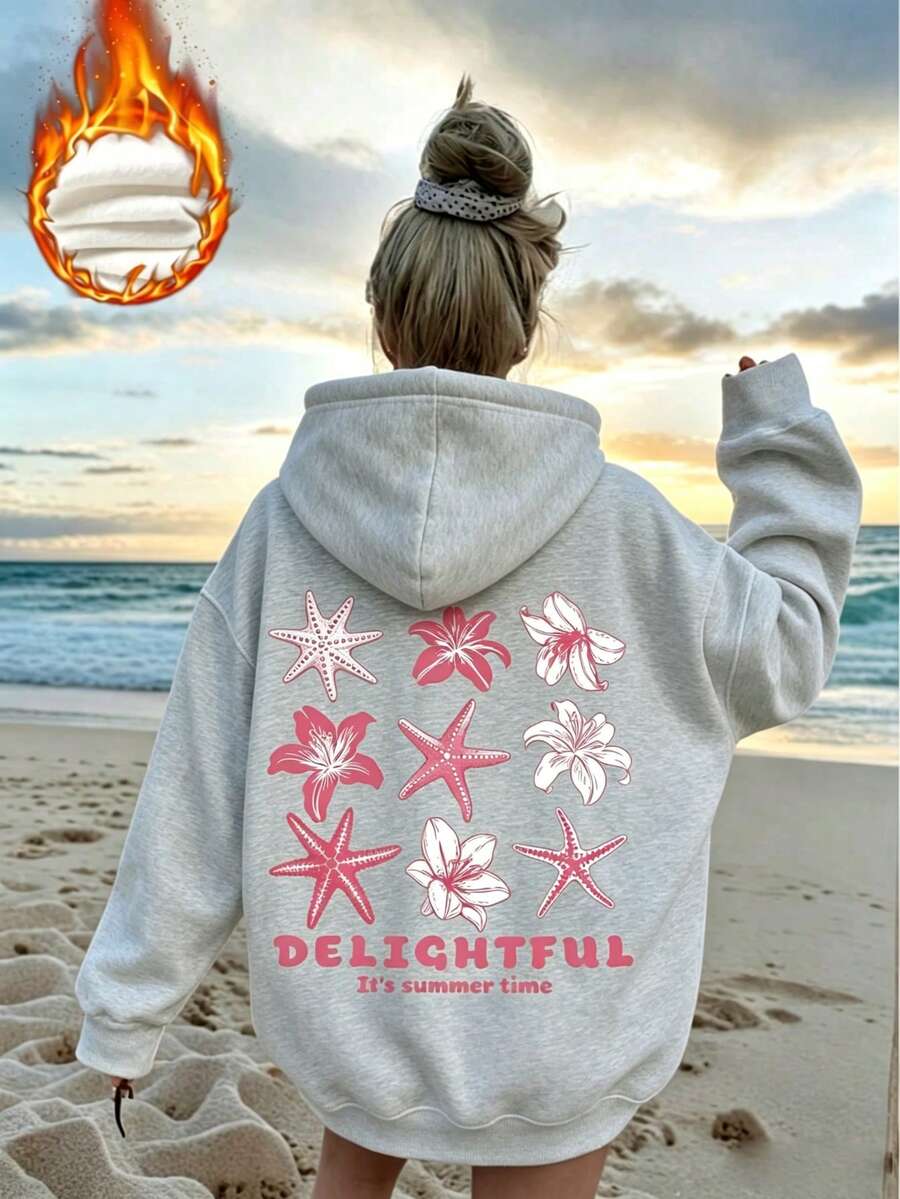 Coastal Summer Starfish & Floral Back Print Sweatshirt, Casual Everyday Wear