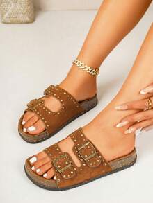 2026 Women's Summer Sandals, Fashionable Cute Big Bow Decor Round Toe Flat Sandals, Vacation Style Women's Summer Sandals, Comfortable Women's Sandals, Desert Style Slouchy Slip-On Women's Sandals, Women's Thong Sandals, Women's Beach Vacation Style Sandals, Women's Beige Flat Sandals, Elegant Women's Sandals, Minimalist Style Flip-Flops, Suitable For Daily Wear, Soft Sole Plus Size Women's Beach Sandals - Brown - View 6