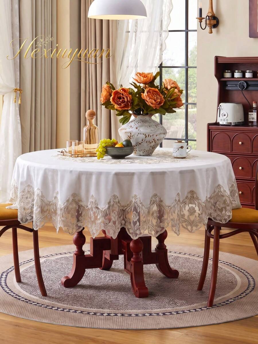 HXARTMIS 1pc Elegant White Velvet Round Tablecloth With Hollow Lace Trim, Luxury Full Coverage Dining Table Cloth, Suitable For Dining Table, Wedding And Party Decoration, Soft And Wrinkle-Resistant Fabric - White - View 1