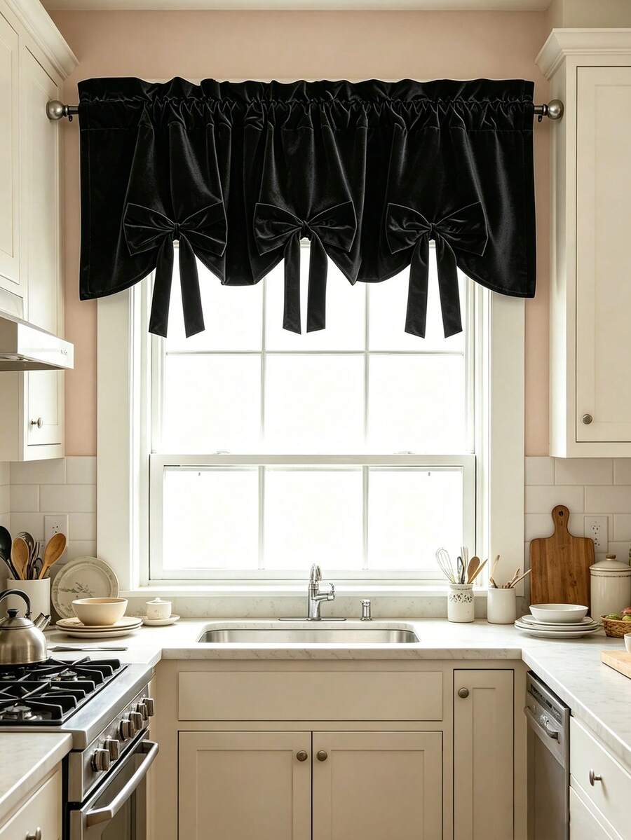 1PC New Red Bow Velvet Designer Decorative Small Curtain, Light-Filtering Window Curtain For Kitchen And Multiple Uses, Rod Pocket Design, Fresh Style Finished Short Curtain - Black - View 1