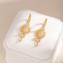 Multi-Style Sunflower Zirconia Ear Drops, Shiny Sunflower Ear Clips, Niche Luxury Floral Earrings For Women's Daily Wear Accessories - Sunflower Hoop Earrings - View 8