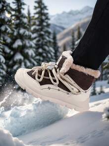 1 Pair Kids PU Upper Thermal Lined Warm Mid-Top Lace-Up Outdoor Snow Boots For Winter, Christmas, Halloween - Khaki - View 6