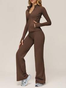 TimeOff Women's One Set Autumn/Winter Solid Color Small Stand Collar Zipper Jacket With Thumb Holes And Side Pockets, Butt-Lifting Flared Pants 2 Pieces Set - Chocolate Brown - View 5
