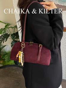 CHAIKA & KILTER 1件裝純色麂皮布料女款單肩包，復古時尚啞光貝殼包，對比色絎縫線條，雙手柄設計，拉鍊開合，適合日常與街頭使用（含吊飾） - 酒紅色 - 查看 7
