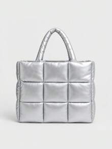 Women Handbag,Quilted Puffer Tote Bag,Grid Check Pattern,Faux Leather,Large Capacity,Minimalist Fashion For Autumn Winter Daily Work Shopping - Multicolor - View 11