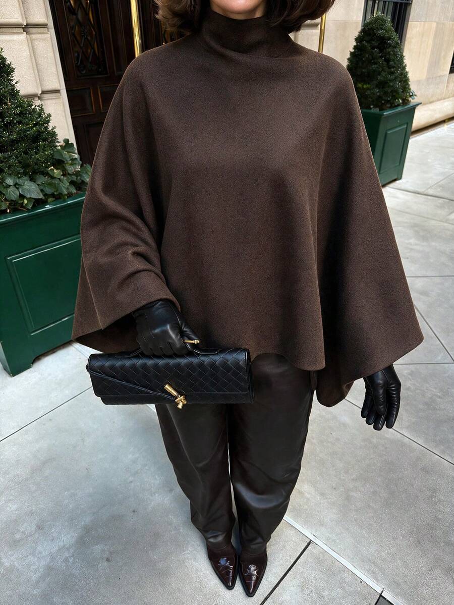 Fall Winter Dark Brown Stand Collar Irregular Sleeve Loose Cape For Women NY Vintage Street Party - Coffee Brown - View 1