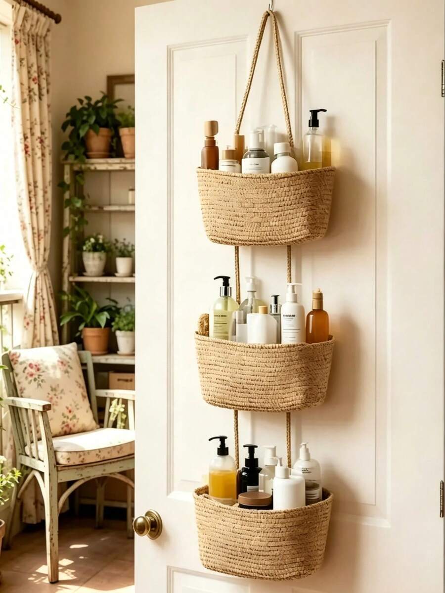 [Free Ship(14in)]Woven Cotton 3-Tier Over The Door Basket, Wall-Mounted Jute Storage Organizer In Bathroom – Decorative Nursery Baskets, Toys Small Basket Gift Hook Laundry Basket House Organizers,Halloween, Christmas, Home Decor &Storage Accessories