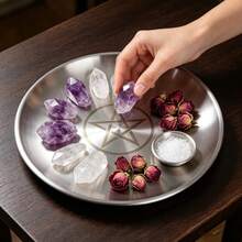 Pentagram Stainless Steel Metal Altar Tray, Spiritual Ritual Energy Storage Tray, Crystal Raw Stone Aromatherapy Candle Display Base, Gothic Mystical Style Desktop Decor Dish, Midsummer Samhain Winter Solstice Spring Equinox Festival Altar Arrangement Ornament, Multi-Functional Fragrance Storage Tray - View 6