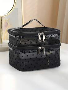 6pcs Women's Vintage Black Polka Dot Mesh Travel Storage Set, Multi-Layer Multi-Size Makeup Bag, Multi-Size Combination Toiletry Bag, Suitable For Home Storage, Essential For Short Trips, Can Be Used As Holiday Gift - Black - View 4