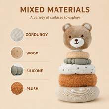 1pc Plush Animal Stacking Ring Toy, Bear/Rabbit/Dinosaur Soft Fabric Stacking Rings With Cotton Base, Multi-Material Tactile Rings For Baby Sensory Development And Early Education, Toddler Educational Toy, Baby Gift - Mocha Brown - View 9
