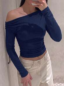 Unadoll Women Fall‑Winter Navy Asymmetrical Slant‑Shoulder Long‑Sleeve Ruched Crop Top, Fitted Basic Tee For Back To School, Daily & Going Out - Navy Blue - View 8