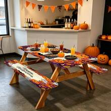 3 PiecesPicnic Tablecloth Set With Bench Cover, Elastic Edge Design, Halloween Pattern With , Washable Rectangular Tablecloth, Suitable For Weddings, Camping, Picnics, Garden Parties And More, Practical Essential - D - View 1