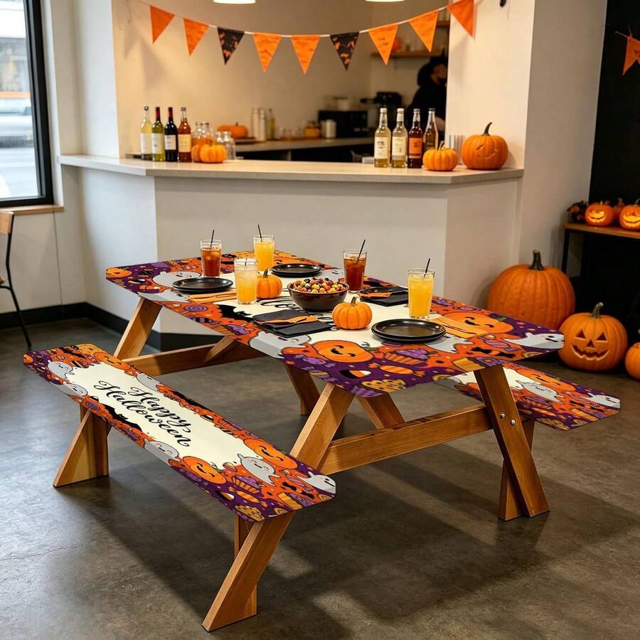 3 PiecesPicnic Tablecloth Set With Bench Cover, Elastic Edge Design, Halloween Pattern With , Washable Rectangular Tablecloth, Suitable For Weddings, Camping, Picnics, Garden Parties And More, Practical Essential - D - View 1