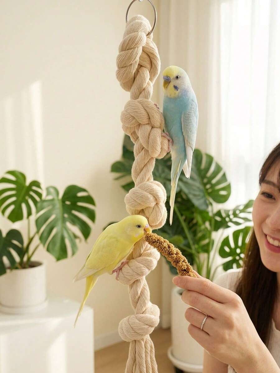 Parrot Rope Ladder Toy | Natural Cotton Rope Climbing Perch With Knots, Bird Cage Hanging Chewing Toy, Suitable For Budgies, Cockatiels, Lovebirds, Beak Grinding Exercise And Entertainment Accessory, Bird Swing, Bird Cage Accessory - View 1