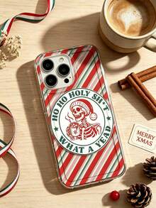 1pc Personalized Striped Christmas Skeleton Drink Slogan Pattern Transparent TPU Air Cushion Shockproof Phone Case Compatible With IPhone 16/16Pro/16Plus/15/15ProMax/15Pro/11/12/13/14ProMax/12Mini/13Mini/11Pro/11ProMax/12Pro/12ProMax/13Pro/13ProMax/14Pro/14ProMax Soft Shell Premium Quality - Multicolor - View 2