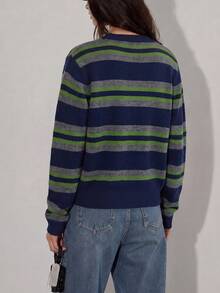 Jaket Kardigan Wanita Kasual Musim Gugur/Dingin Minimalis Retro Motif Garis-Garis Blok Warna Kerah Bulat - Navy Blue - View 3