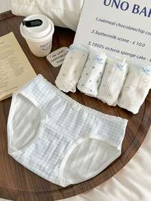 5pcs/Set Japanese Style Cute Blue Plaid & Floral Cotton Thin Women's Triangle Panties - Multicolor - View 8