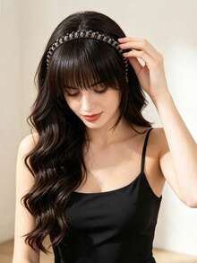Headband With Integrated Bangs, Faux Hair With Rhinestones, Air Bangs Hairpiece To Cover White Hair On Forehead, Hairband Bangs Wig - Multicolor - View 7