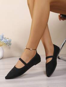 Elegante schwarze Damen-Mary-Jane-Ballerinas aus Kunstwildleder mit spitzer Zehenpartie, elastischem Riemen, flache Slip-On-Schuhe, bequem und rutschfest für Büro und Alltag - Schwarz - Übersicht 1