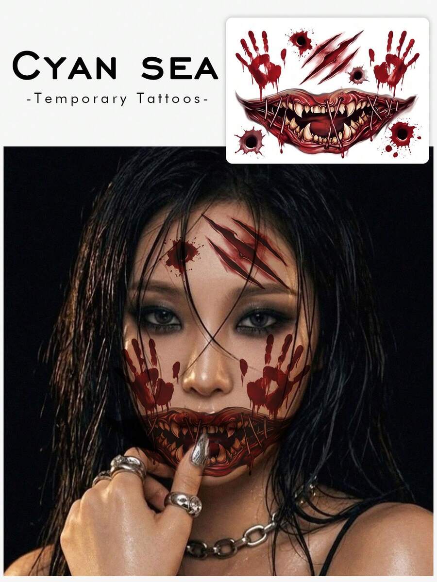 1件臨時紋身貼紙,萬聖節恐怖縫線獠牙大嘴血手印子彈孔抓痕圖案,逼真紋身設計,適用於日常、單身女派對小禮物、音樂節、遊戲、畢業禮物,可維持3-5天 - 彩色 - 查看 1