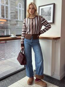 Women Autumn Vertical Striped Knit Cardigan Round Neck Single‑Button Short Fitted Jacket Back To School Festival Daily Tops - Brown - View 3