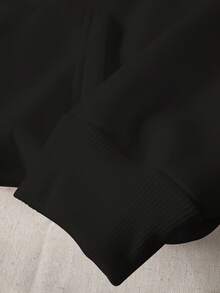 Women's Solid Color Fleece Hooded Sweatshirt With Adjustable Drawstring, Long Sleeve With Pockets, Warm Hooded Long Sleeve Top, Suitable For Autumn And Winter Wear - Black - View 5