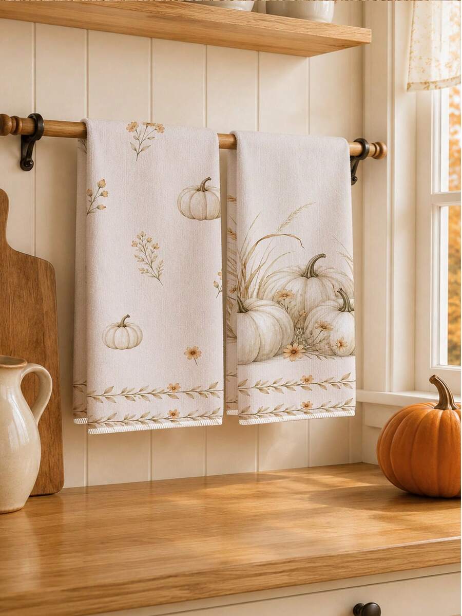 2PCS Kitchen Towels Autumn Pumpkin Plant Illustration Print 40*60cm Minimalist Style Rectangular Microfiber Kitchen Towels, Dish Cloths, Tablecloths, Hand Towels, Bathroom Kitchen Decor, Home Decor, Housewarming Gift For Neighbors, Perfect For Kitchen And Bathroom Use, Suitable For Housewives And Family Gatherings, High Cost-Performance, Home Essential - Apricot - View 1