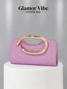 1pc Women's Elegant Pink Glitter Handbag, Luxury Sparkling Rhinestone Sequin Metal Detail Box Bag With Detachable Metal Chain Crossbody Strap, Evening Clutch For Wedding, Party, Ball, Nightclub, Formal Occasions, Dress Matching, Pink Wallet - Pink - View 2