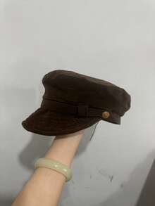1pc Women's Vintage Faux Suede Octagonal Newsboy Cap, Gold Button Flat Top Baker Boy Hat, Suitable For Autumn/Winter Outfits - A - View 7