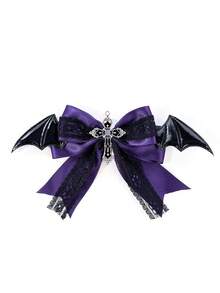 4/8pcs Gothic Style Purple Black Lace Bow Ribbon Hair Clip, Halloween Bat Cross Chain Hair Clip, Holiday Hair Accessory - Multicolor - View 7