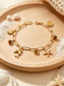 1pc Gold Color Starfish Bracelet Shell Dolphin Charm Women Handmade Metal Ocean Style Pendant Beach Bracelet Summer Jewelry H945 - Bracelet - View 4