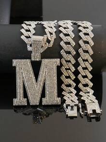 1pc Hip Hop Oversized M Letter Iced Out Pendant Necklace, Rhinestone Cuban Chain Set, Rap Style Accessory, Unisex Music Festival Party Outfit Personalized Jewelry Gift - M - View 15