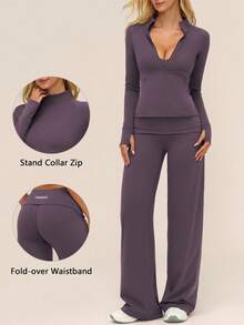 TimeOff 女款秋冬套裝 素色立領拉鍊夾克 側口袋 拇指孔 內口袋 折腰寬腿長褲 - 紫色 - 查看 11