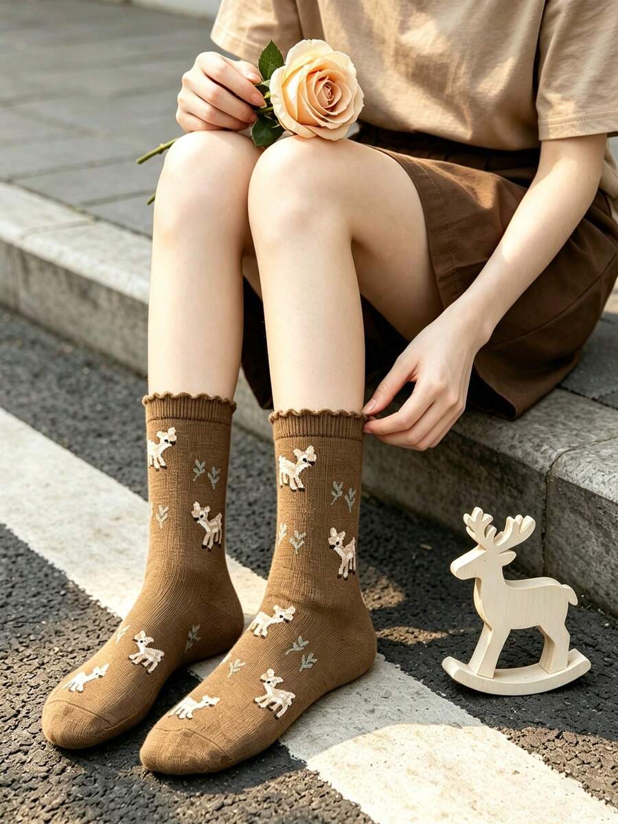 1/3/5 Pasang Kaos Kaki Setengah Betis Wanita, Gaya Musim Gugur Baru dengan Hiasan Rumbai, Desain Rusa Kartun, Kain Lembut yang Serbaguna dan Nyaman, Gaya Preppy untuk Pemakaian Sehari-hari - MultiWarna - View 1