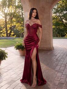 ADYCE Elegant Cold Shoulder Waisted Backless Bodycon Sequin Tie-Back Embroidered High-Slit Prom Gown Homecoming Wedding Guest Formal Dinner Birthday Fall - Burgundy - View 6
