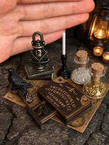 Miniature Model House Mysterious Magic Scene Decor Set, Crow, Book, Candlestick, Glass Magic Potion Bottle, Newspaper, Dollhouse Witch Divination Scene Desktop Decoration Accessories - one-size - View 3