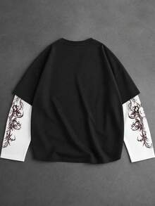 Zrgoth 男士復洛克捲軸之翼星星滿版印花拼接 2 合 1 長袖上衣 - 黑色 - 查看 4