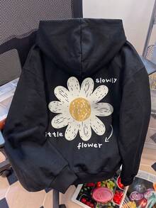 Women's Black Thermal-Lined Sweatshirt, Daisy Print On Back, Loose Drop Shoulder Fit, Versatile For Autumn Daily Commute - Black - View 4