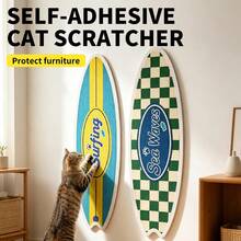Surfboard Shaped Self-Adhesive Cat Scratching Board, Wall-Mounted Wear-Resistant Non-Shedding Cat Scratching Pad, Furniture Protection Anti-Scratch Wall Protector, Furniture Decor Cat Scratching Toy Pet Supplies - 25*80cm Blue and Yellow American Style Stripes - View 1